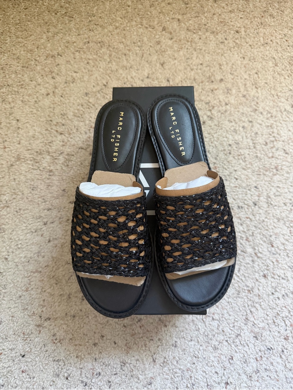 Marc Fisher LTD Black Woven Slide Sandals Size 10M NWT Raffia Flat Slides